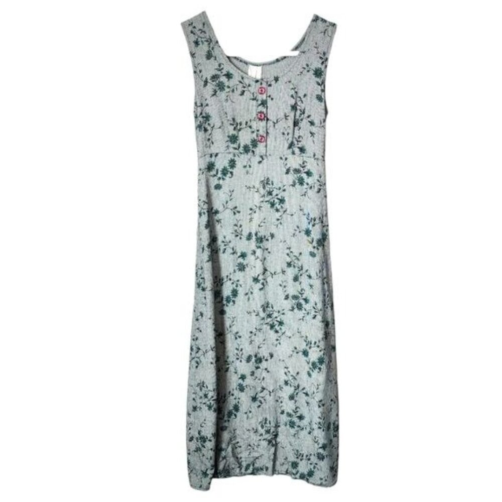 VINTAGE Green Floral Micro Houndstooth Button Tank Dress‎ 90s Minimalism